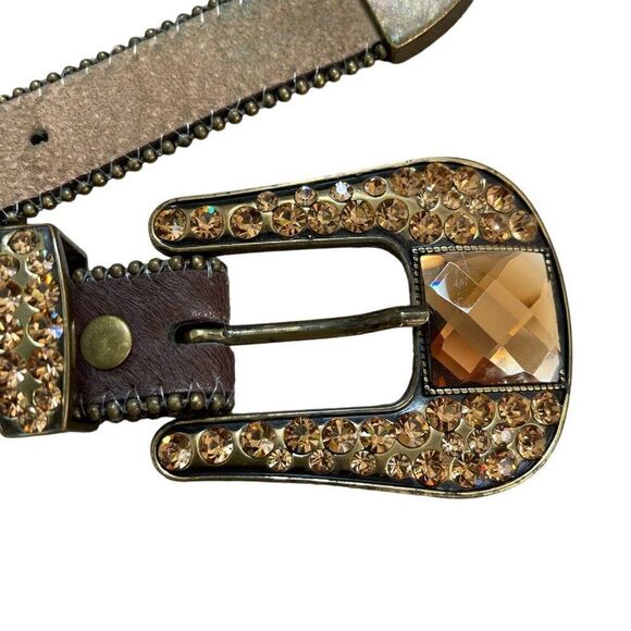 Womens Western Brown Gemstone Cowhide Sparkly Rodeo Cowgirl Leather Belt Sz XL main image 10